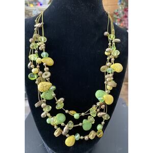 Lia Sophia Multi-Strand Wire Beaded Necklace Amber, Green, Goldtone Filigree